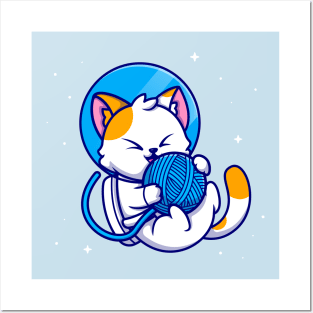 Cute Cat Astronaut Playing Yarn Ball Cartoon Posters and Art